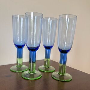 4 Dansk Erika Champagne Glasses Flutes Blue & Green Stem 8 1/2" Tall Set of Four